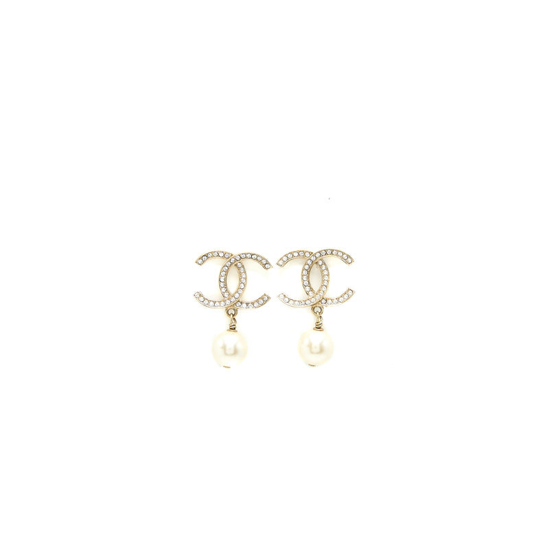 Chanel CC Logo and Pearl Drop Earrings Light Gold Tone