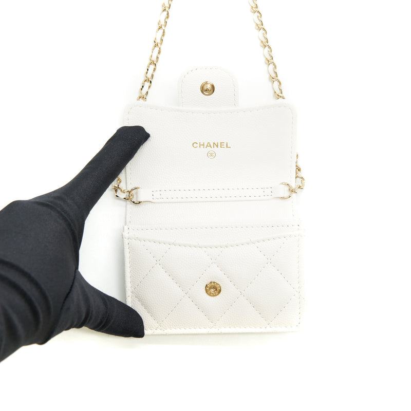 Chanel 21B Card Holder On Chain Caviar White LGHW