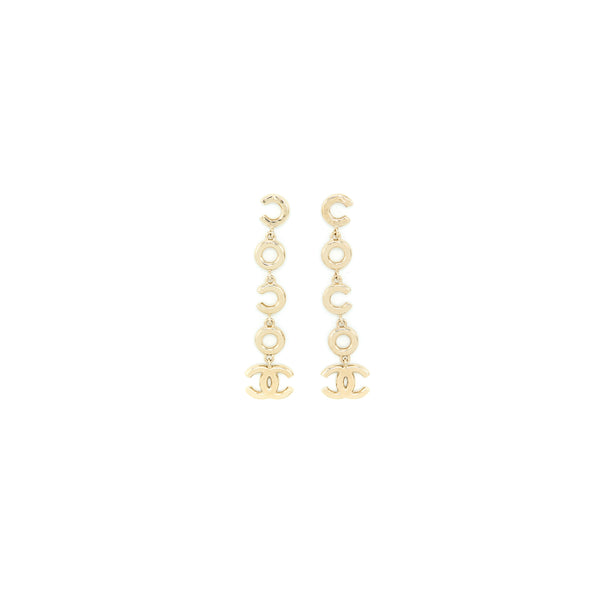Chanel Coco Letter Drop Earrings Light Gold Tone