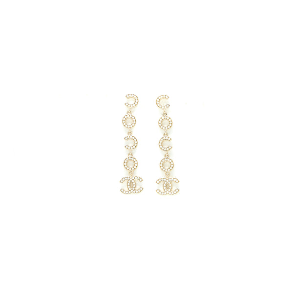 Chanel Coco Letter Drop Earrings Light Gold Tone