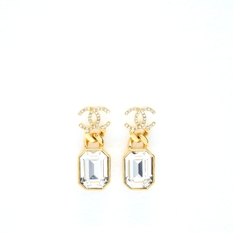 Chanel CC Logo And Crystal Drop Earring Gold Tone