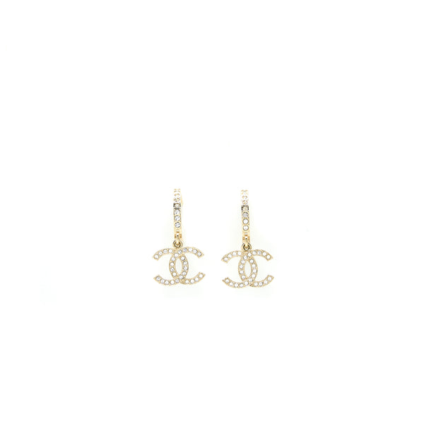 Chanel CC Logo Round Earring Crystal Light Gold Tone