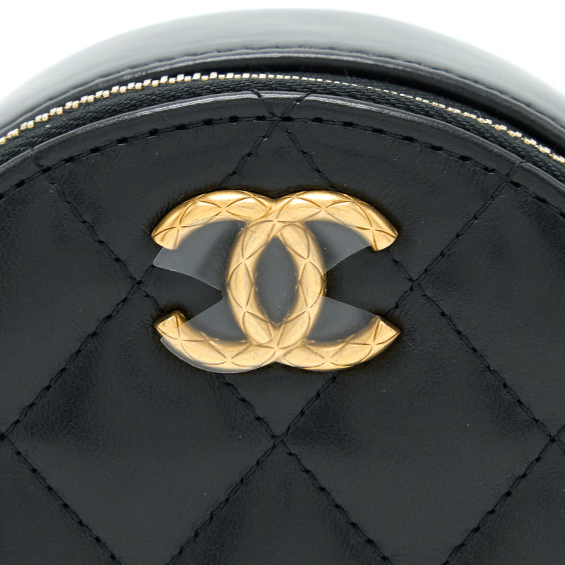 Chanel 22K Gold Pillar Round Clutch With Chain Lambskin Black Brushed GHW