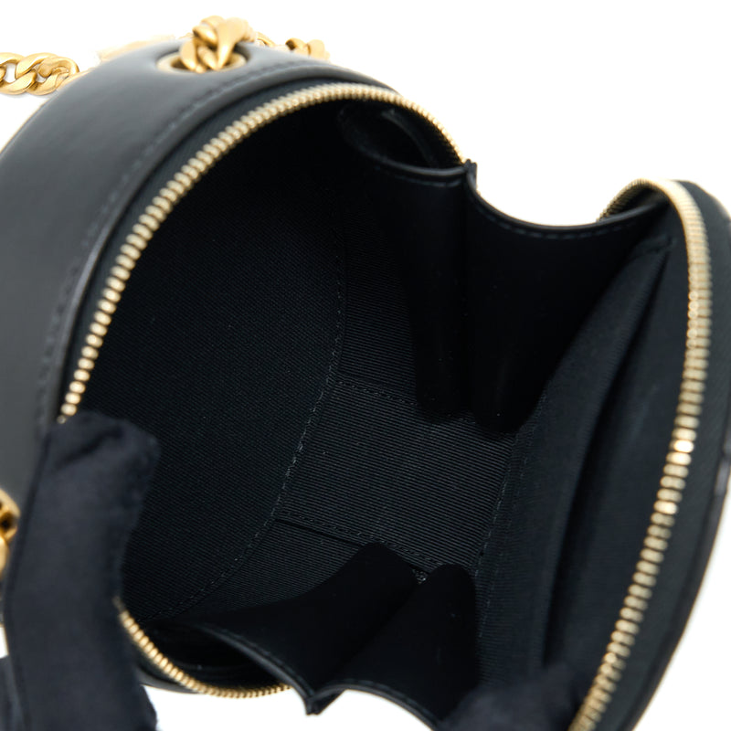 Chanel 22K Gold Pillar Round Clutch With Chain Lambskin Black Brushed GHW