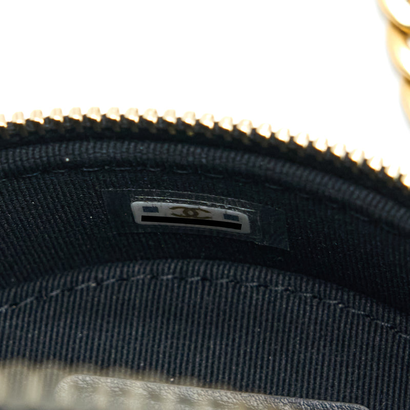 Chanel 22K Gold Pillar Round Clutch With Chain Lambskin Black Brushed GHW