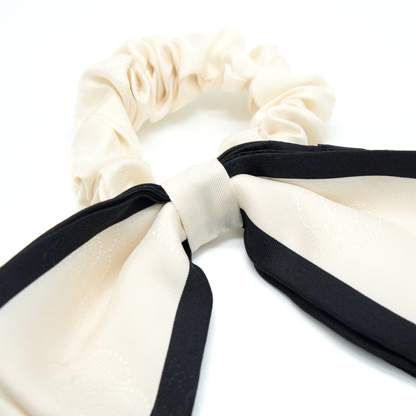 Chanel 22B Camellia/Letter Hair Tie Silk Twill Ecru/Black