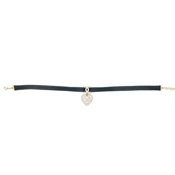 Chanel Crystal CC Logo Heart Chocker Leather/Pearl/Crystal Black Light Gold Tone