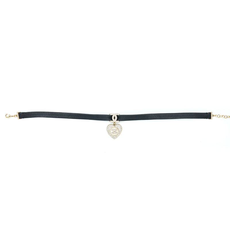 Chanel Crystal CC Logo Heart Chocker Leather/Pearl/Crystal Black Light Gold Tone