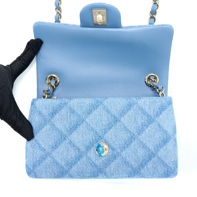 Chanel 22B Mini Rectangular Denim Light Blue LGHW (Microchip)