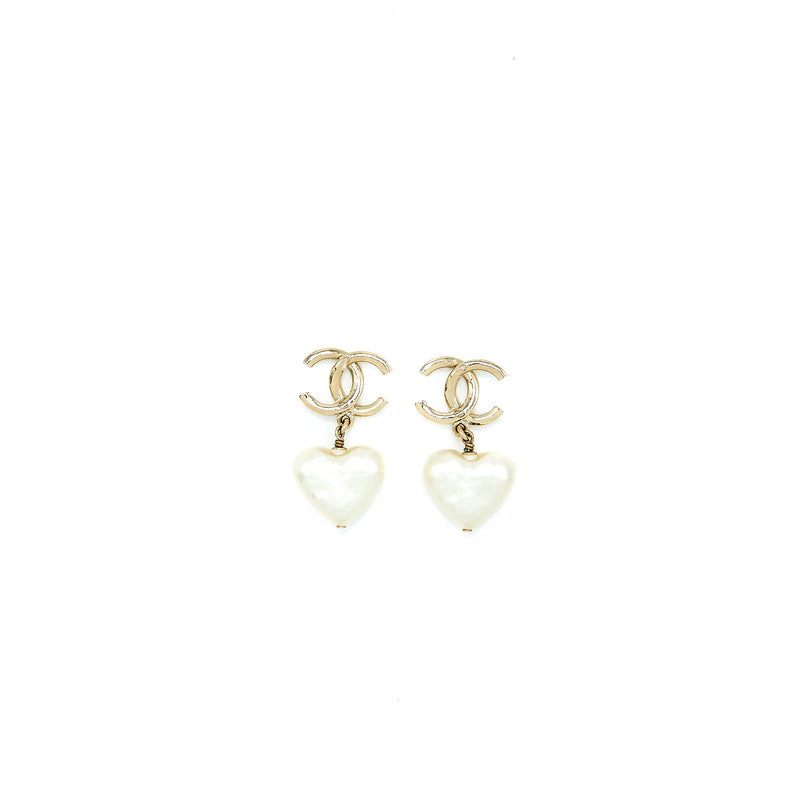 Chanel 22C CC Logo Heart Drop Earring Light Gold Tone