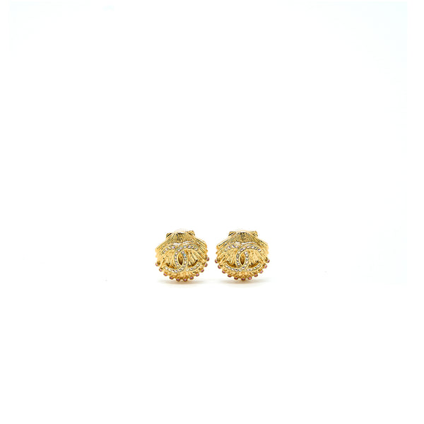 Chanel CC Logo/Shell Earclips Multicolour Crystal Gold Tone