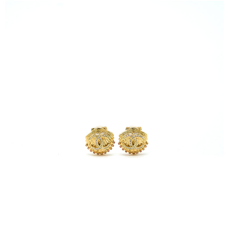 Chanel CC Logo/Shell Earclips Multicolour Crystal Gold Tone