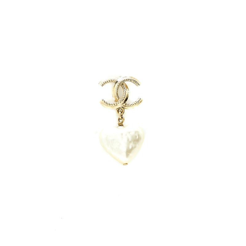 Chanel 22C CC Logo Heart Drop Earring Light Gold Tone