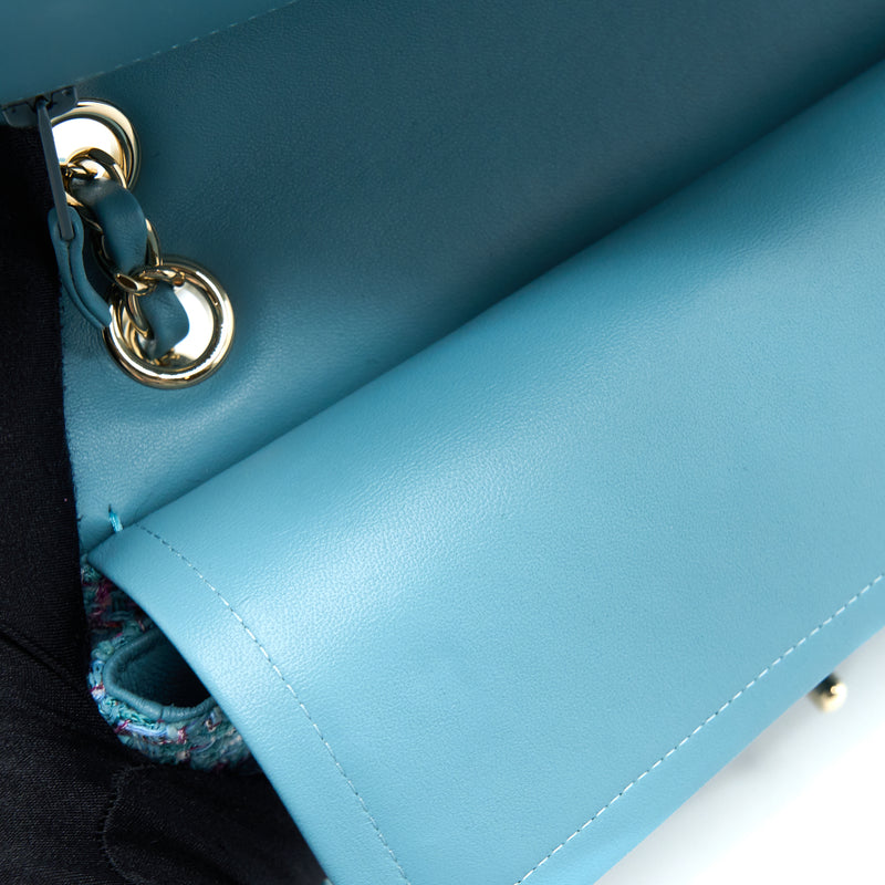 Chanel Tweed Medium Classic Double Flap Bag Light Blue LGHW