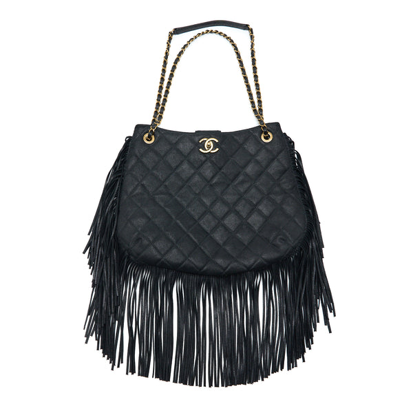 Chanel Tassel Hobo Bag Fringed Shiny Calfskin Black Brushed GHW