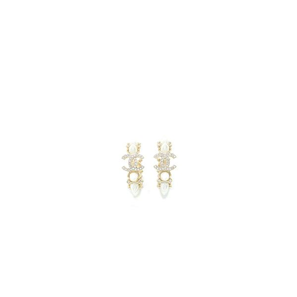 Chanel CC Logo Earrings Crystal/Pearl Light Gold Tone