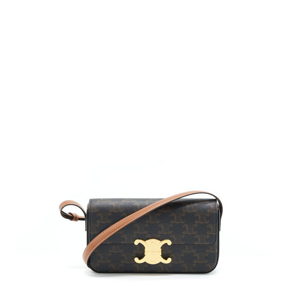 Celine Triomphe Shoulder Bag Triomphe Canvas/Calfskin Tan GHW