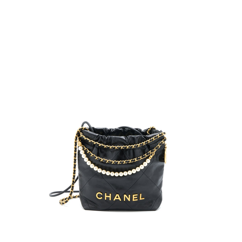 Chanel 23S Mini 22 Bag with Pearl Shiny Calfskin Black GHW (Microchip)