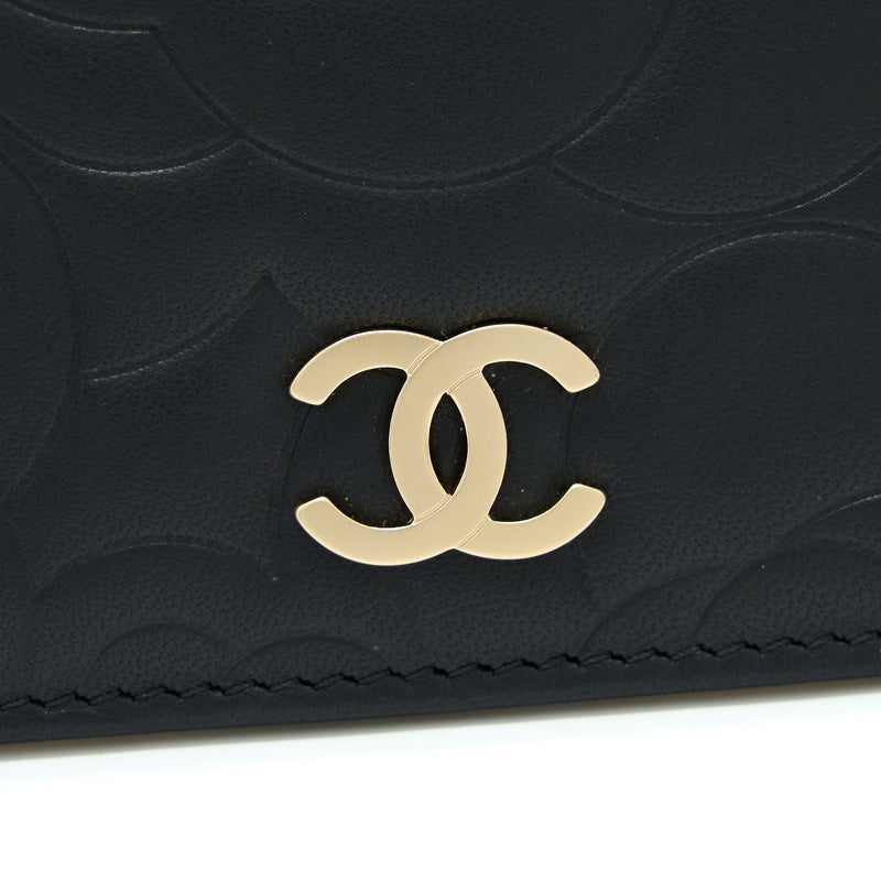 Chanel Camellia Long Flap Wallet Lambskin Black Gold GHW