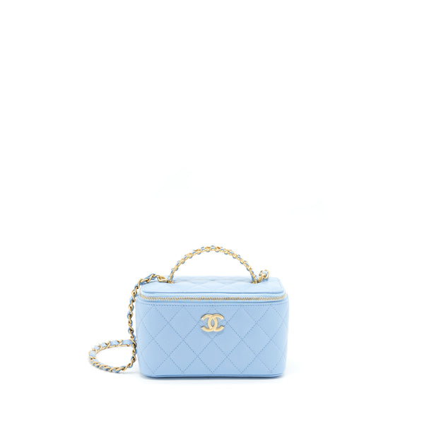 Chanel 22S Letter Logo Top Handle Long Vanity With Chain Caviar Light Blue GHW