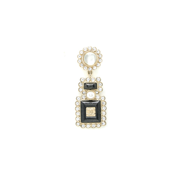 Chanel Perfume Bottle CC Logo Earrings Crystal/Pearl Black Light Gold Tone