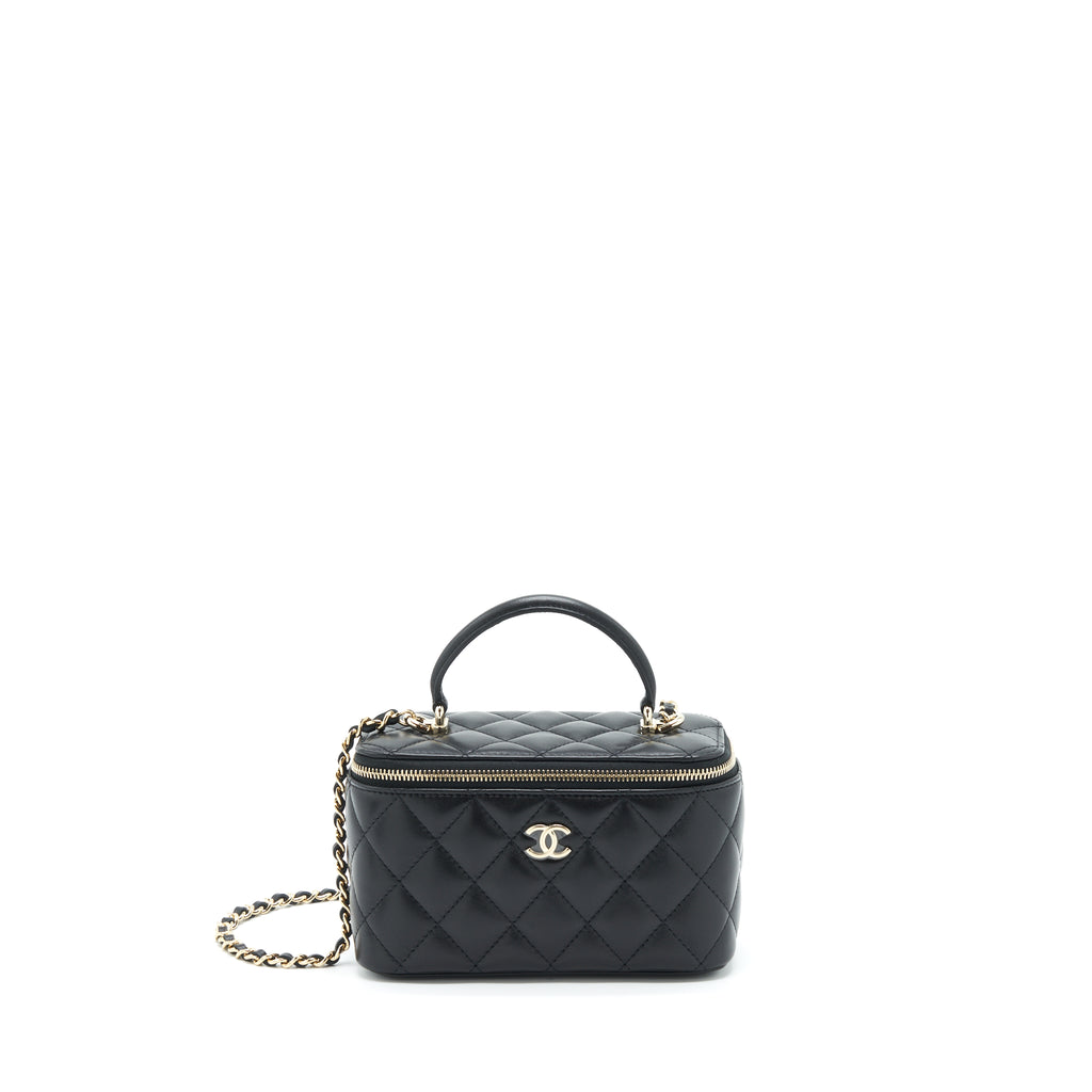 Chanel 22A Top Handle Long Vanity With Chain Lambskin Black LGHW