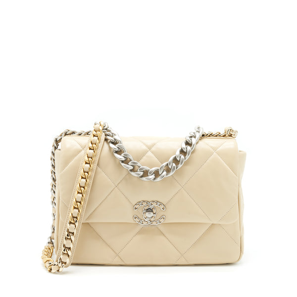 Chanel Medium 19 Bag Quilted Goatskin leather Light Beige Gold/Silver Hardware (Microchip)