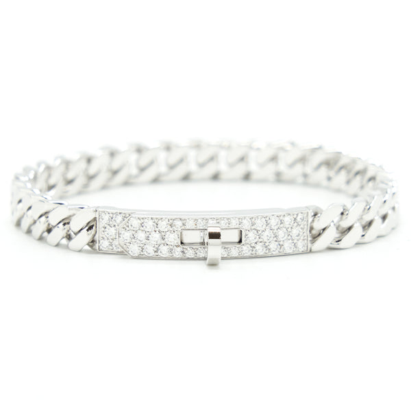 Hermes Size ST Kelly Gourmette Bracelet White Gold With Diamonds