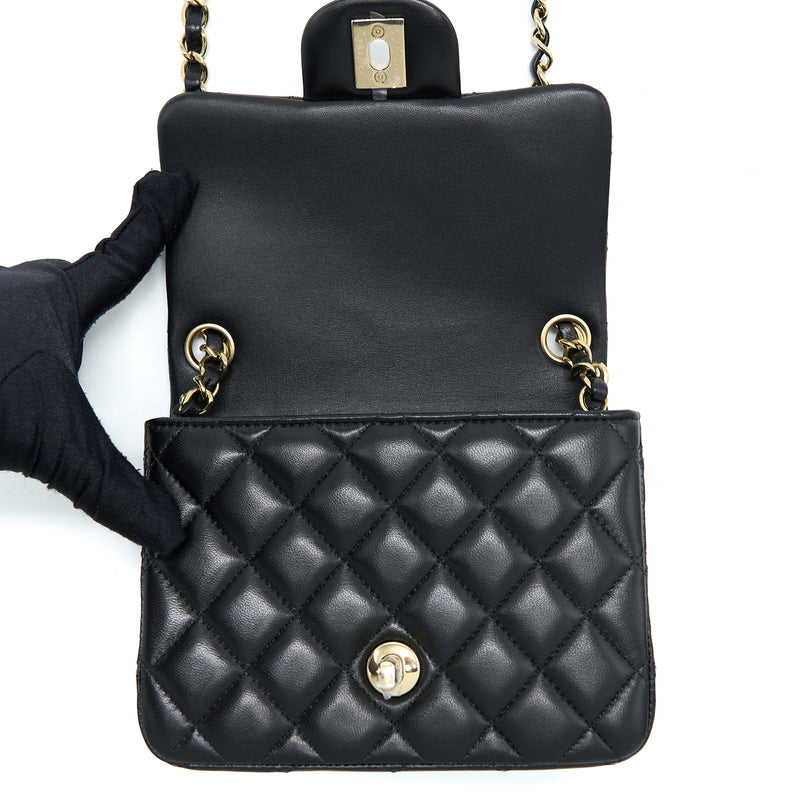 Chanel Mini Square Flap Bag Lambskin Black LGHW (Microchip)