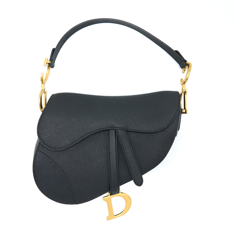 Dior Medium Saddle Bag With Strap Grained Calfskin Black GHW