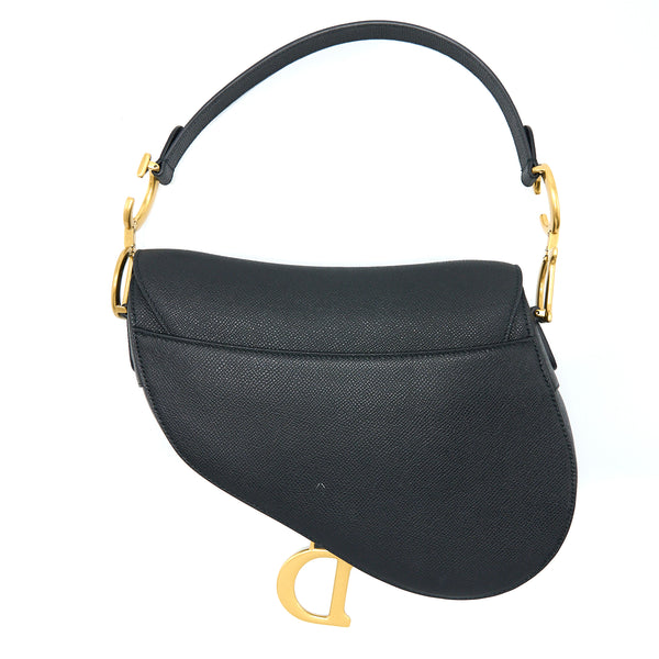 Dior Medium Saddle Bag With Strap Grained Calfskin Black GHW