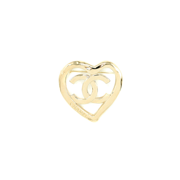 Chanel CC With Heart Brooch Light Gold Tone