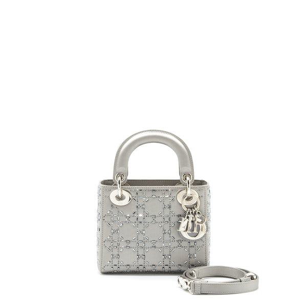 Dior Mini Lady Dior Satin Crystal Cannage Grey SHW