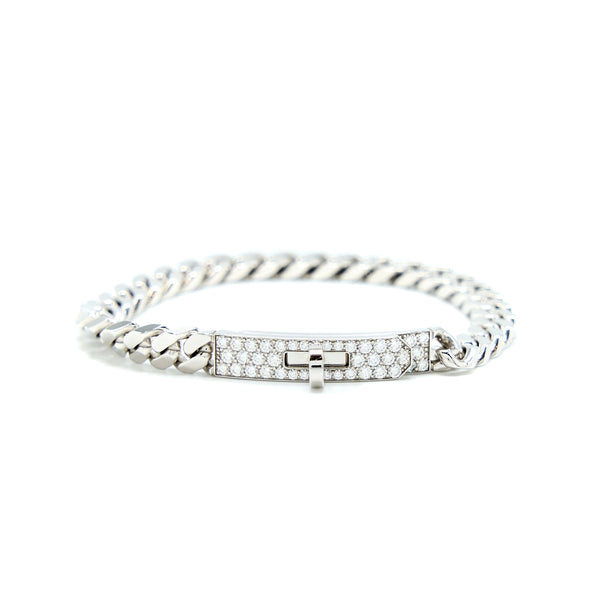 Hermes Size LG Kelly Gourmette Bracelet White Gold With Diamonds