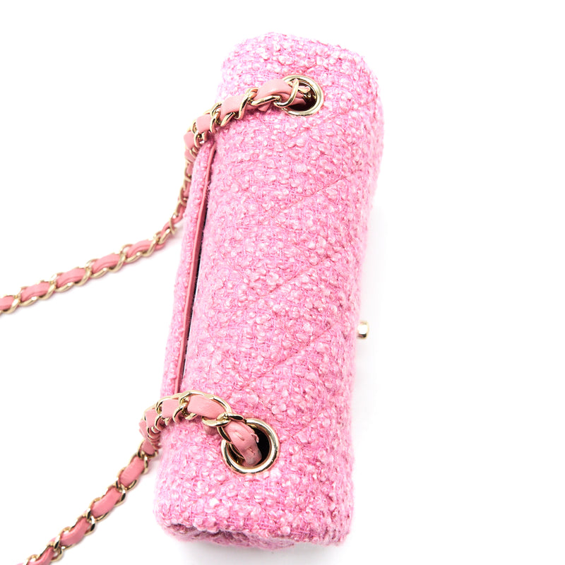 Chanel Mini Rectangular Flap Bag Tweed Pink LGHW (Microchip)
