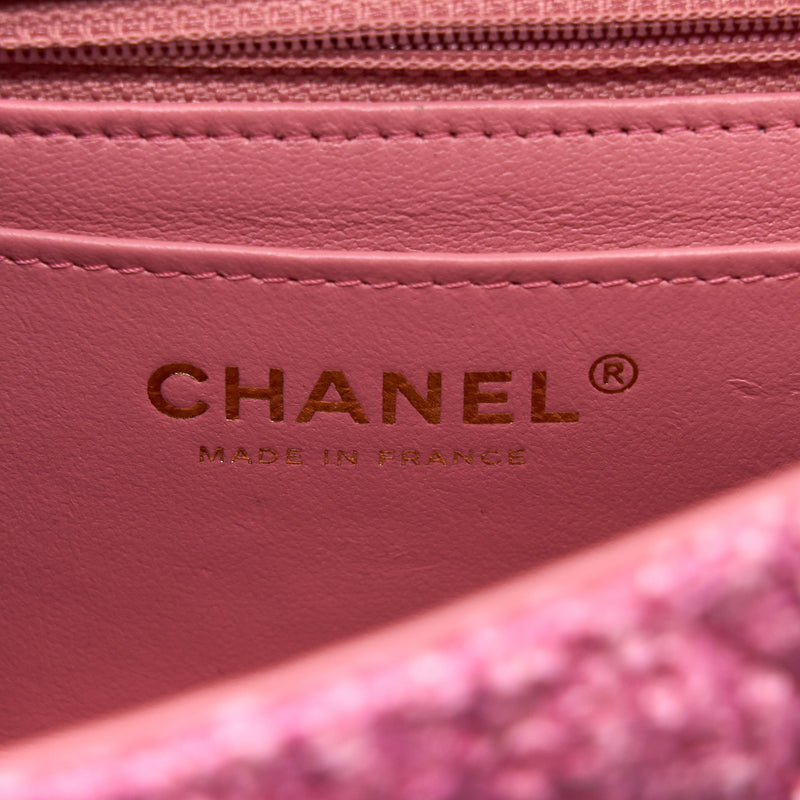 Chanel Mini Rectangular Flap Bag Tweed Pink LGHW (Microchip)