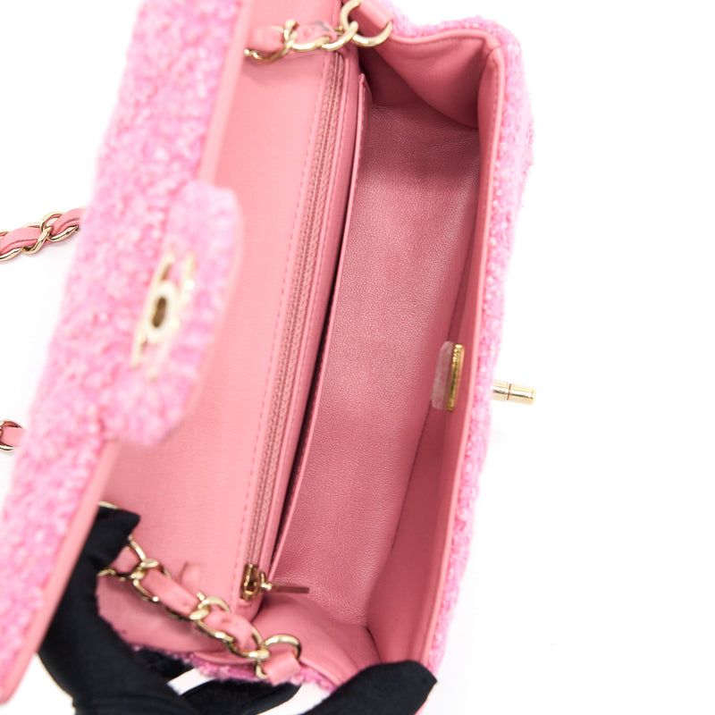 Chanel Mini Rectangular Flap Bag Tweed Pink LGHW (Microchip)