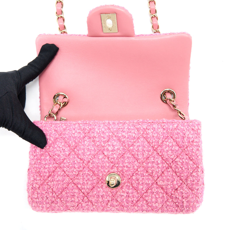 Chanel Mini Rectangular Flap Bag Tweed Pink LGHW (Microchip)