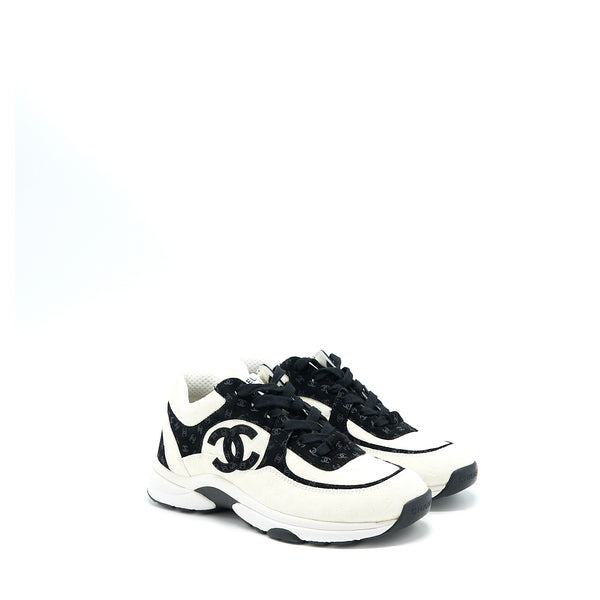 Chanel Size 38.5 22A Trainers Printed Suede Calfskin Black/White