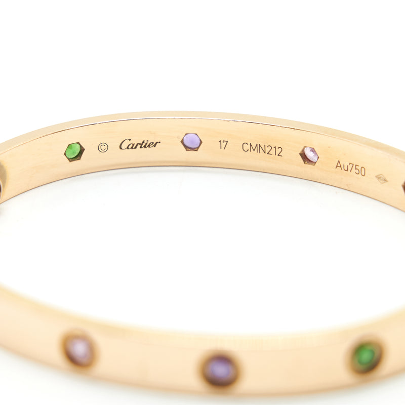 Cartier Size 17 Love Bracelet Rose Gold, Sapphires, Garnets, Amethysts