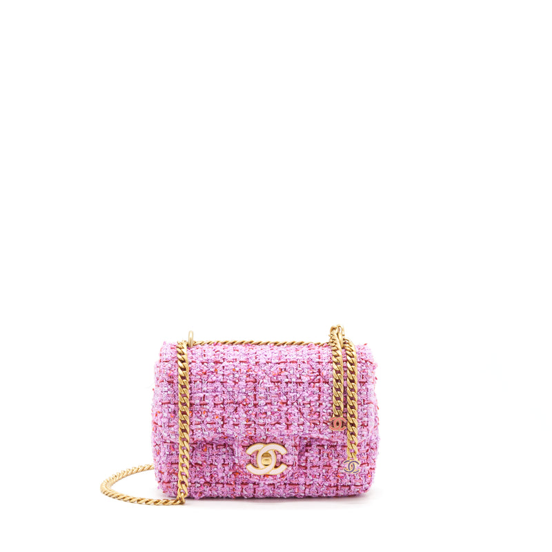 Chanel 22P Mini Square Flap Bag Tweed Pink Gold/Pink Hardware