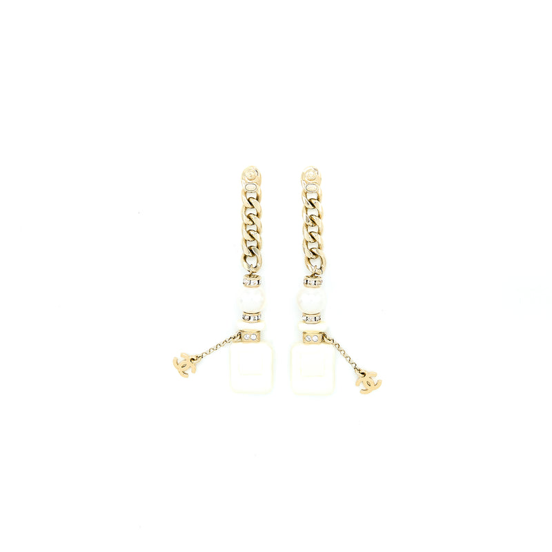 Chanel NO.5 Perfume Bottle Pearl Drop Earrings Light Gold Tone
