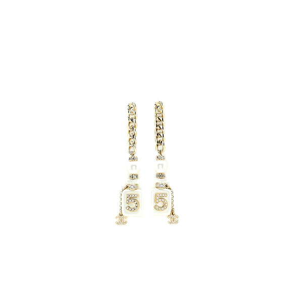 Chanel NO.5 Perfume Bottle Pearl Drop Earrings Light Gold Tone