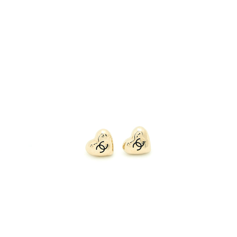 Chanel Small Heart Logo Earrings Light Gold Tone