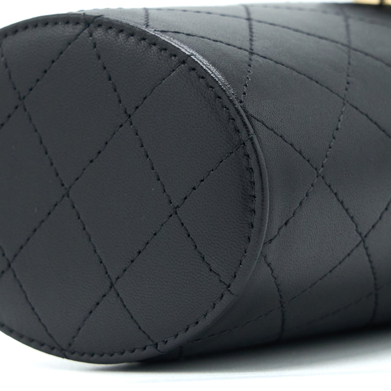Chanel Round Vanity Case With Chain Lambskin Black LGHW