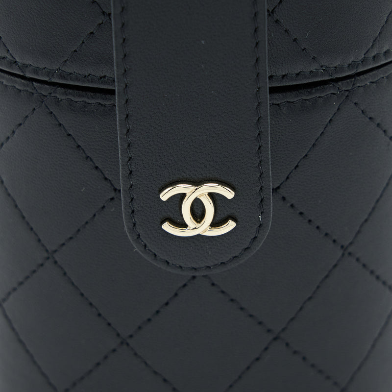 Chanel Round Vanity Case With Chain Lambskin Black LGHW
