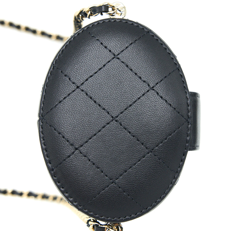 Chanel Round Vanity Case With Chain Lambskin Black LGHW