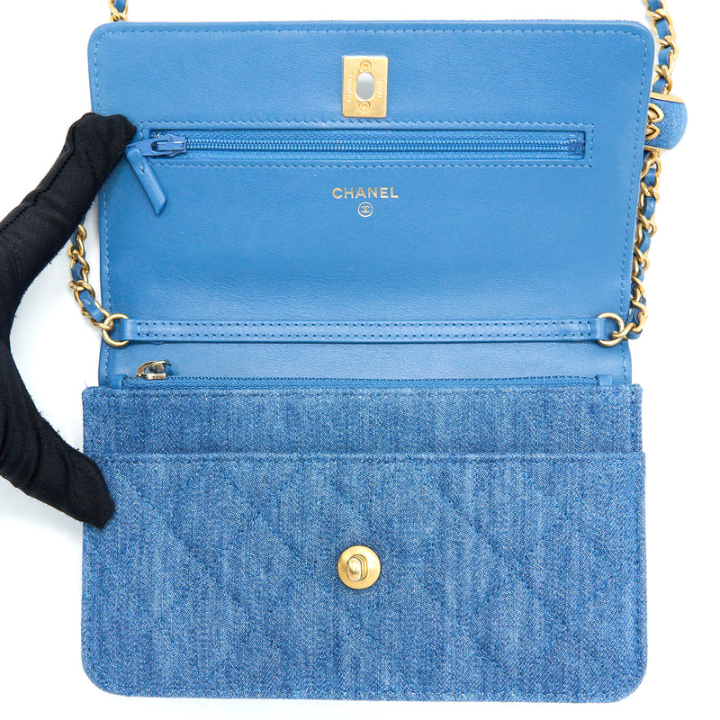 Chanel Pearl Crush Wallet on Chain Denim Light Blue GHW (Microchip)