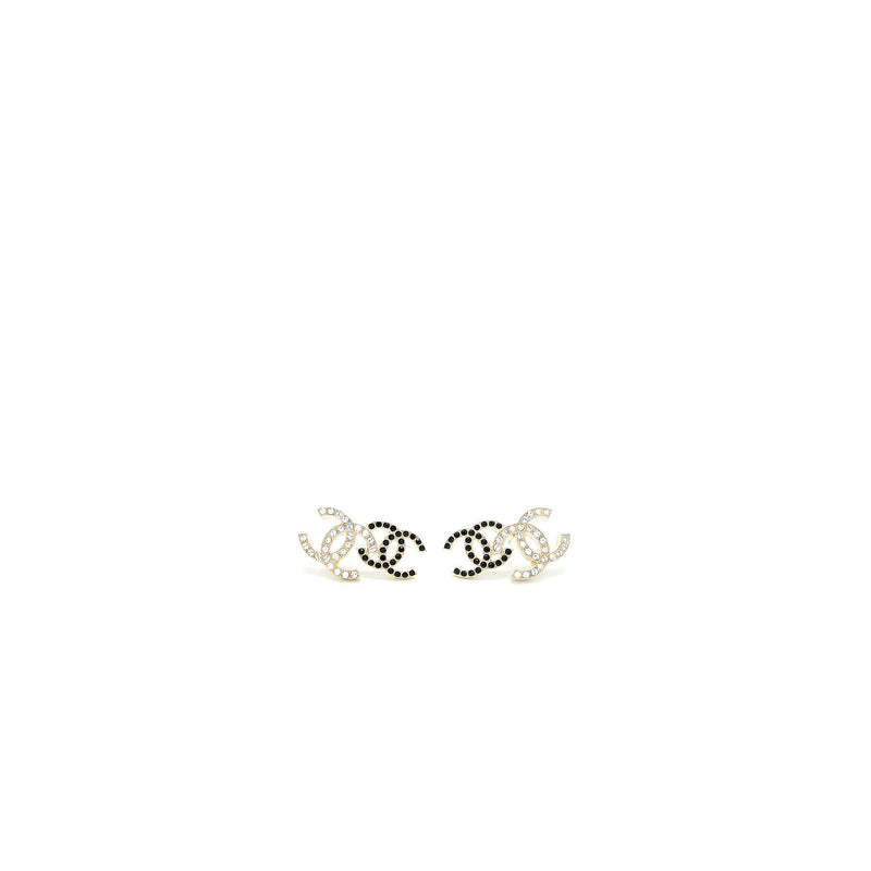 Chanel Double CC Logo Crystal Earrings Black and White Light Gold Tone
