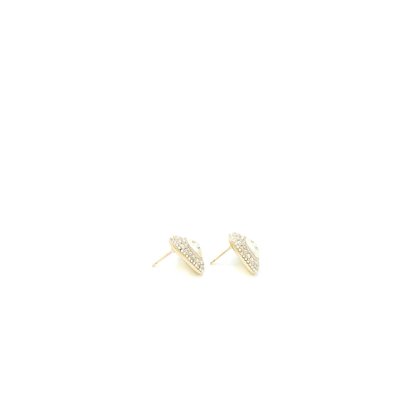 Chanel Heart With CC Logo Crystal Earrings Light Gold Tone
